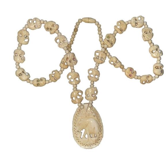 Vintage 1950s Carved Bovine Bone Elephant Necklace 26in With 2in Pendant - Picture 1 of 5